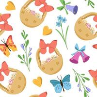 seamless pattern with Easter eggs in a basket and butterflies. Easter egg hunt invitation template on a white background. Wallpaper and packaging design. vector