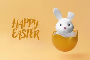3d rabbit in the gold egg poster. Three-dimensional illustration on Easter. Happy spring holiday decoration for celebration. Greeting banner template, background design, hunt invitation vector