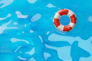 3d swimming pool poster with inflatable ring. Three-dimensional summer illustration. Water vacation background. Banner with beach party. Poolside on the resort hotel. Spa relaxation and leisure vector
