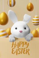 3d rabbit and background gold eggs poster. Three-dimensional illustration on Easter. Happy spring holiday decoration for celebration. Greeting banner template, religion design hunt invitation vector