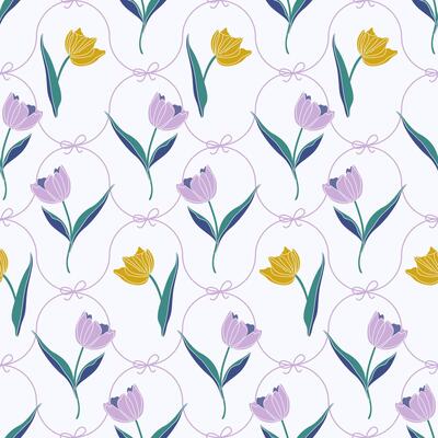 Vintage floral seamless pattern. Damask ornament with ribbon bows and tulips. Retro print with beautiful plants for fabric, wallpaper, wrapping paper. Elegant hand drawn illustration.