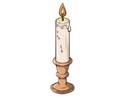 Beautifully lit candle with dripping wax on a wooden holder creating a cozy atmosphere vector