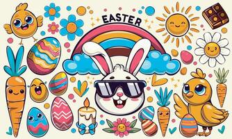 Cartoon set of Easter stickers. Spring elements, rabbit, eggs, chicken, flowers, rainbow, carrots. Shapes of the happy easter day, trendy colorful groovy style vector