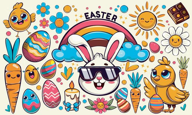 Cartoon set of Easter stickers. Spring elements, rabbit, eggs, chicken, flowers, rainbow, carrots. Shapes of the happy easter day, trendy colorful groovy style