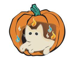 Cute cat character inside a pumpkin with colorful flames representing Halloween and autumn vibes vector