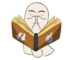 Cartoon ghost reading a spellbook with illustrated love ghosts and a potion in a whimsical design vector