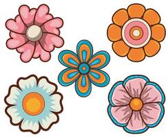 Psychedelic collection of five colorful flowers in various shapes and designs vector