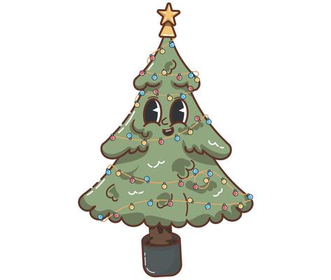 Cute Cartoon Christmas Tree Decorated with Lights and a Star