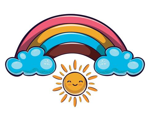 Colorful rainbow with cheerful sun and fluffy clouds under a bright sky