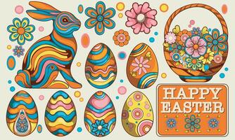 Set of Easter psychedelic stickers in 90s retro style. Spring elements, rabbits, eggs, Christian holiday, Easter baskets, flowers vector