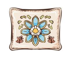 Decorative pillow with flower design featuring blue petals and yellow center on a neutral background vector