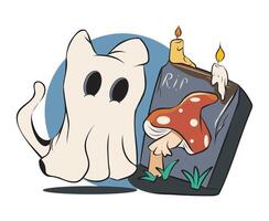 Friendly ghost stands beside a tombstone with a mushroom in a whimsical Halloween-themed illustration vector