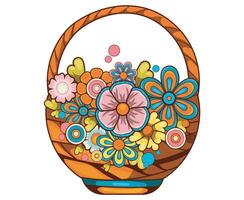 Psychedelic flower basket with vibrant blooms placed against a bright backdrop showcasing fresh spring vibes vector