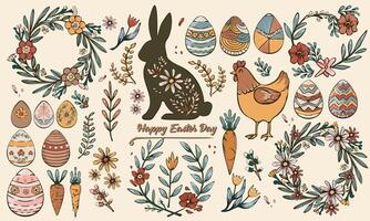 Cartoon set of Easter stickers in abstract 90s retro style. Spring elements, rabbits, eggs, Christian holiday, Easter baskets, flowers. vector