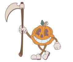 Happy Cartoon Pumpkin Character Holding a Harvest Scythe with a Wide Grin vector