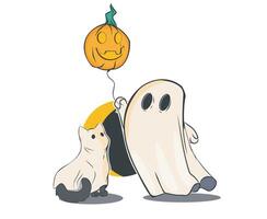 Whimsical ghost and cat celebrating Halloween with a pumpkin balloon in a playful atmosphere vector