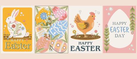 Set of Happy Easter Day. Cartoon Minimalist posters. Celebration congratulations cards with eggs, chicken and rabbit vector
