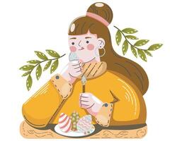 Woman enjoys decorated eggs while seated at a festive table during a easter celebration vector