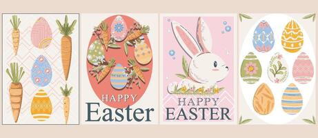Set of Happy Easter Day. Cartoon Minimalist posters. Celebration congratulations cards with eggs, carrots and rabbit vector