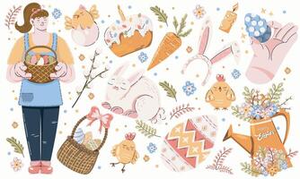 Set of Easter cartoon stickers in 90s retro style. Spring elements, rabbits, eggs, Christian holiday, Easter baskets, flowers. Groovy doodle shape vector