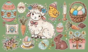Set of Easter cartoon stickers in 90s retro style. Spring elements, rabbits, eggs, Christian holiday, Easter baskets, fluffy lamb, flowers vector