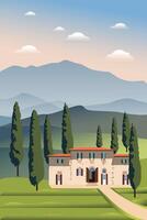 Landscape view of the hills of Tuscany. Flat design of a Tuscan villa with cypress trees vector
