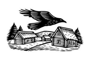 Raven flying over countryside cabins rustic village scene with trees and hills vector