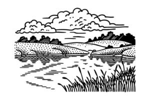 scenic river landscape with clouds, hills, and grass in black and white illustration vector