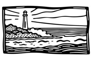 Lighthouse on rocky coastline, ocean waves and seascape view at dusk vector