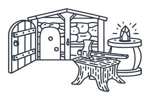 medieval forge and workshop with anvil, hammer, and magic crystal enchantment vector