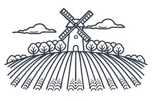 windmill on countryside landscape with trees and fields under a cloudy sky vector