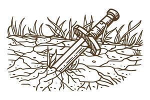 medieval sword embedded in cracked earth with grass, symbolizing ancient battles and resilience vector