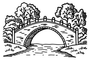 charming arched bridge over river in nature scene with trees and grass, classic hand drawn illustration vector