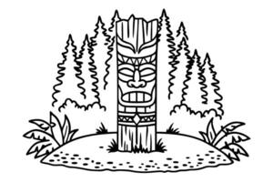 Stylized tiki totem in forest setting with tribal designs and pine trees in line art illustration vector