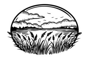 scenic nature landscape with lake view and cloudy sky in artistic black and white illustration vector