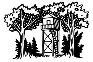 treehouse lookout tower surrounded by forest trees, nature retreat design in monochrome illustration vector