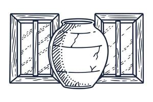 hand drawn pottery vase with vintage wooden crates, rustic art illustration vector