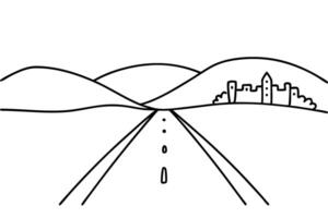 Simple line art of a road through rolling hills with distant castle vector