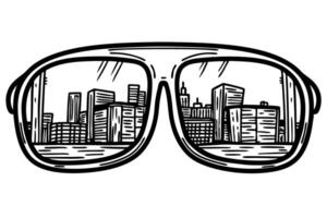 Urban skyline reflection in sunglasses black and white cityscape sketch, modern architecture view vector