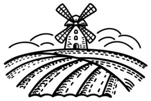 windmill illustration on farm landscape with plowed fields and rolling clouds vector