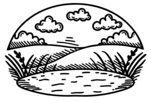 Scenic landscape sketch with rolling hills, clouds, and pond in nature illustration vector