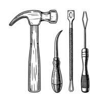 Vintage blacksmith tool set hammer, punch, pick, chisel in detailed sketch vector