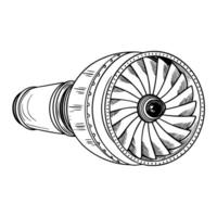 Detailed line art of jet engine turbine with propeller components in technical vector