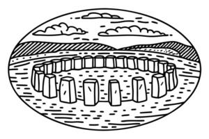 Stone circle illustration with clouds and hills ancient monument inspired line art vector