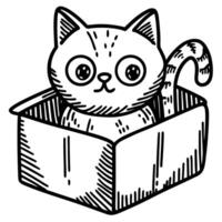 whimsical cat in a box illustration, feline with striped tail and curious eyes vector