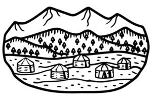 Illustration of yurts in mountainous landscape with forest vector