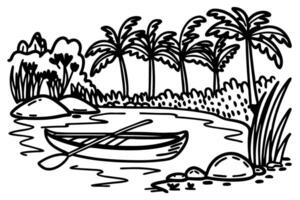 tropical river landscape with canoe in black and white drawing of palm trees and rocks vector