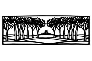 symmetrical tree lined pathway with scenic hillside view in black and white silhouette vector