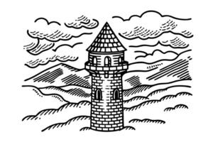 medieval tower in rolling hills, ink sketch scenic landscape with clouds and vivid mountains vector