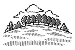 Line art of hilltop trees and clouds in scenic landscape illustration vector